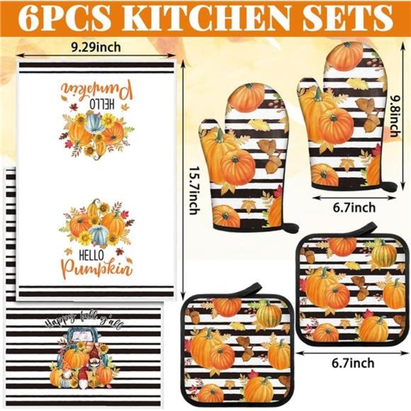 6 Pcs Pumpkin Oven Mitts and Kitchen Towel Sets Thanksgiving Decor - Picture 6 of 6